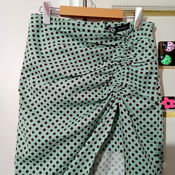 ZARA🐞Linen Ruched Mint Green Polka Dot Asymmetrical Maxi Pencil Skirt Sz:M - Picture 12 of 12